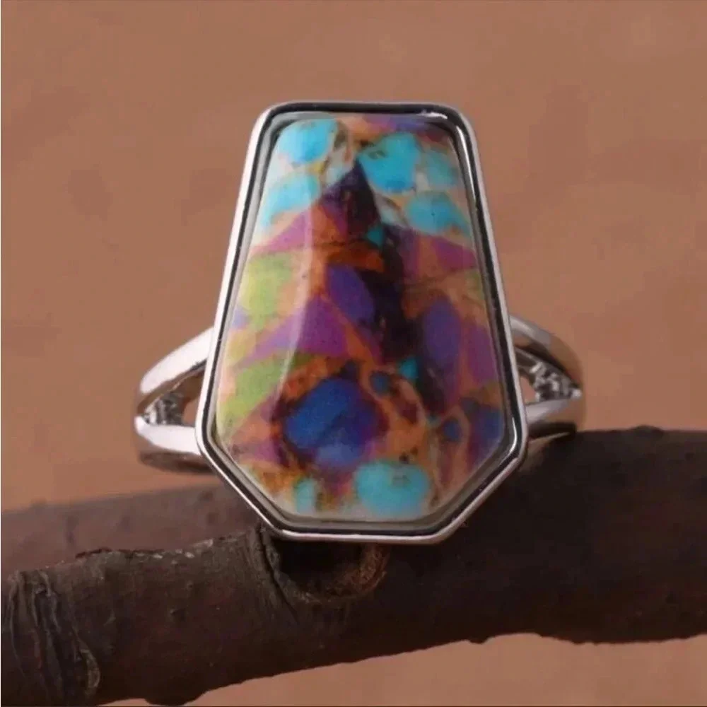 Boho Colorful Gemstone Silver Ring | Statement Cocktail Ring Size 9